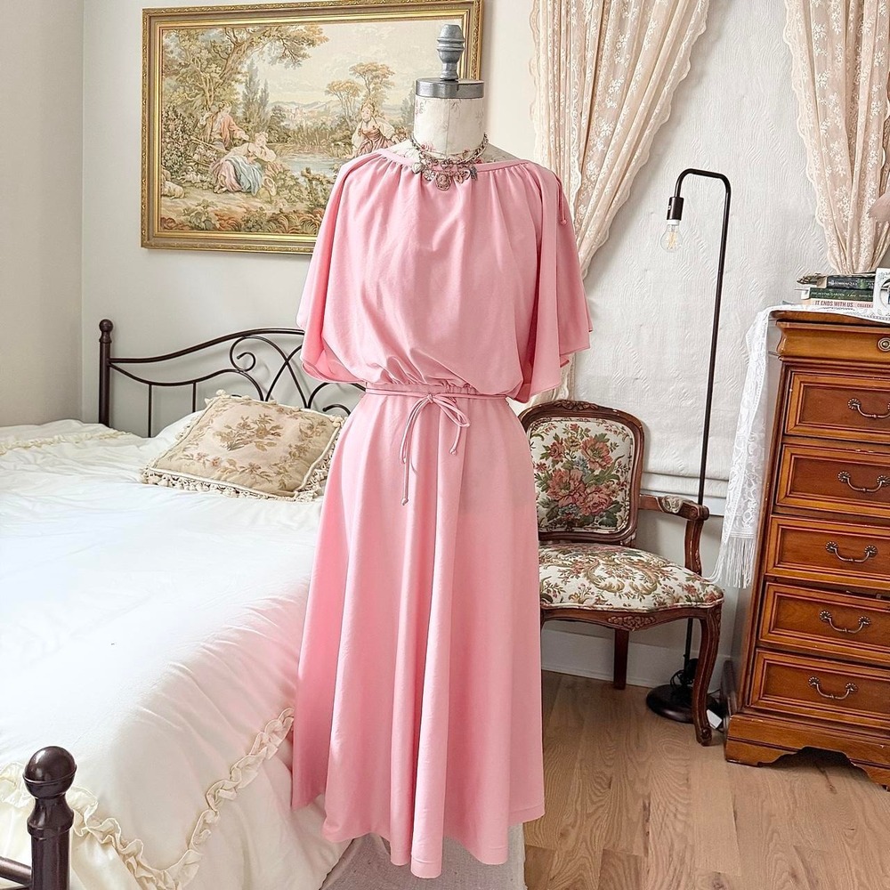 70s Lady Carroll union made pastel pink flutter sleeve midi dress size 16